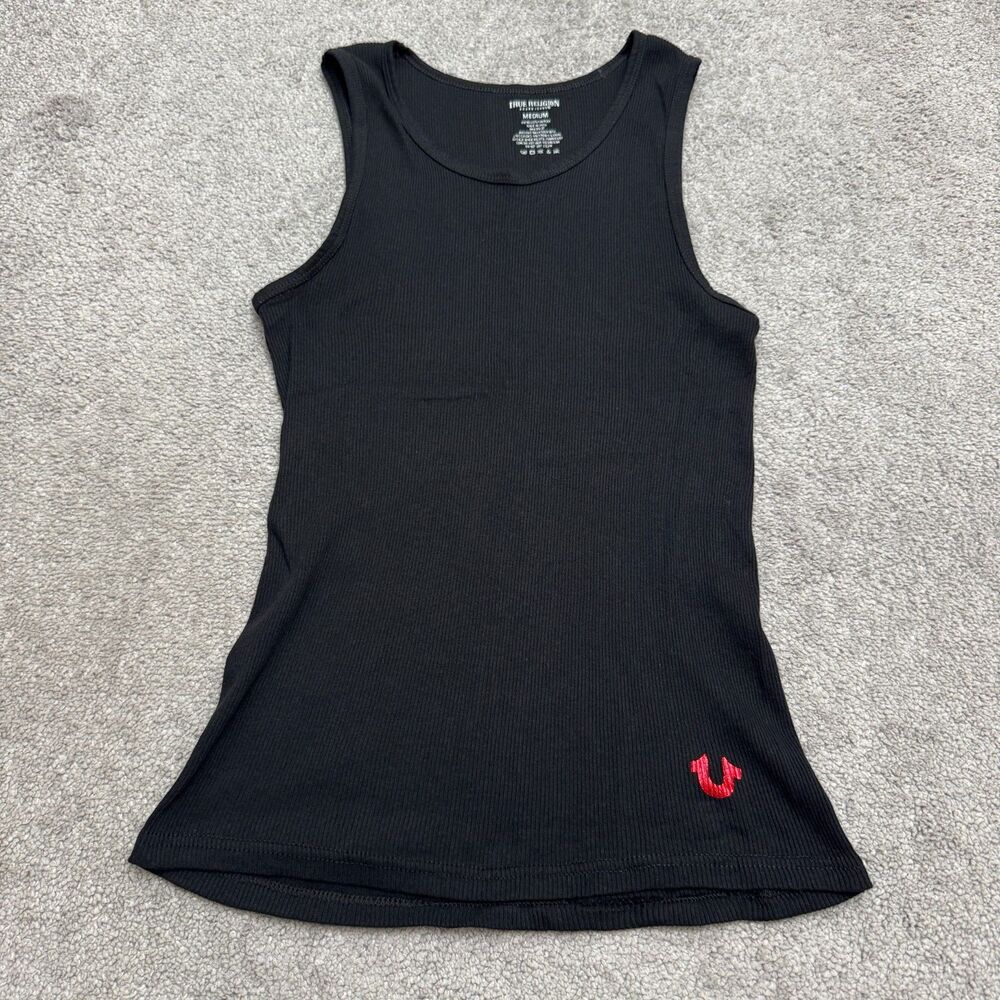 True Religion Ribbed Scoop Neck Horseshoe Tank Top Womens Medium Black Stretch